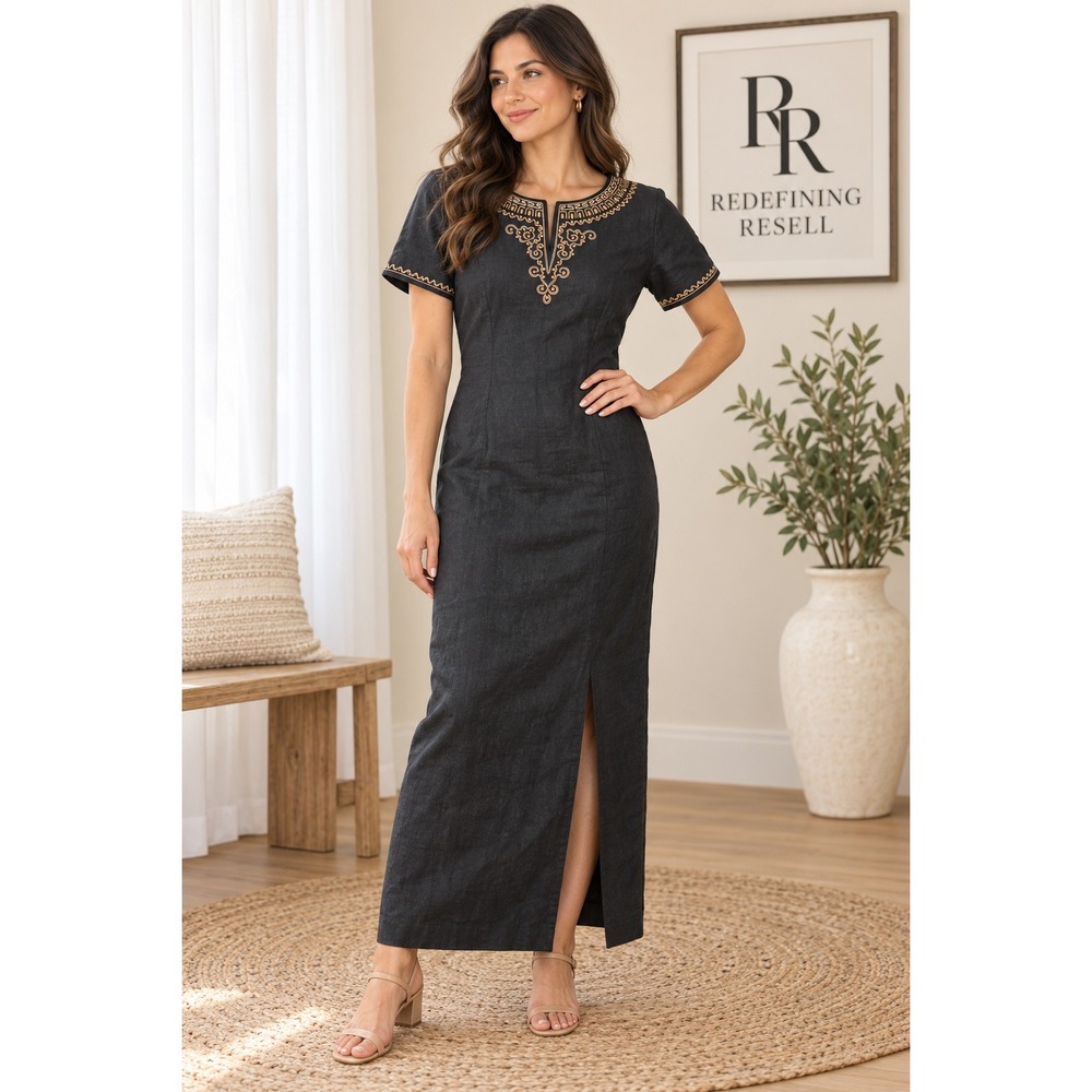 Maggy London 100% Linen Black Embroidered Maxi Dress Short Sleeve Size 8